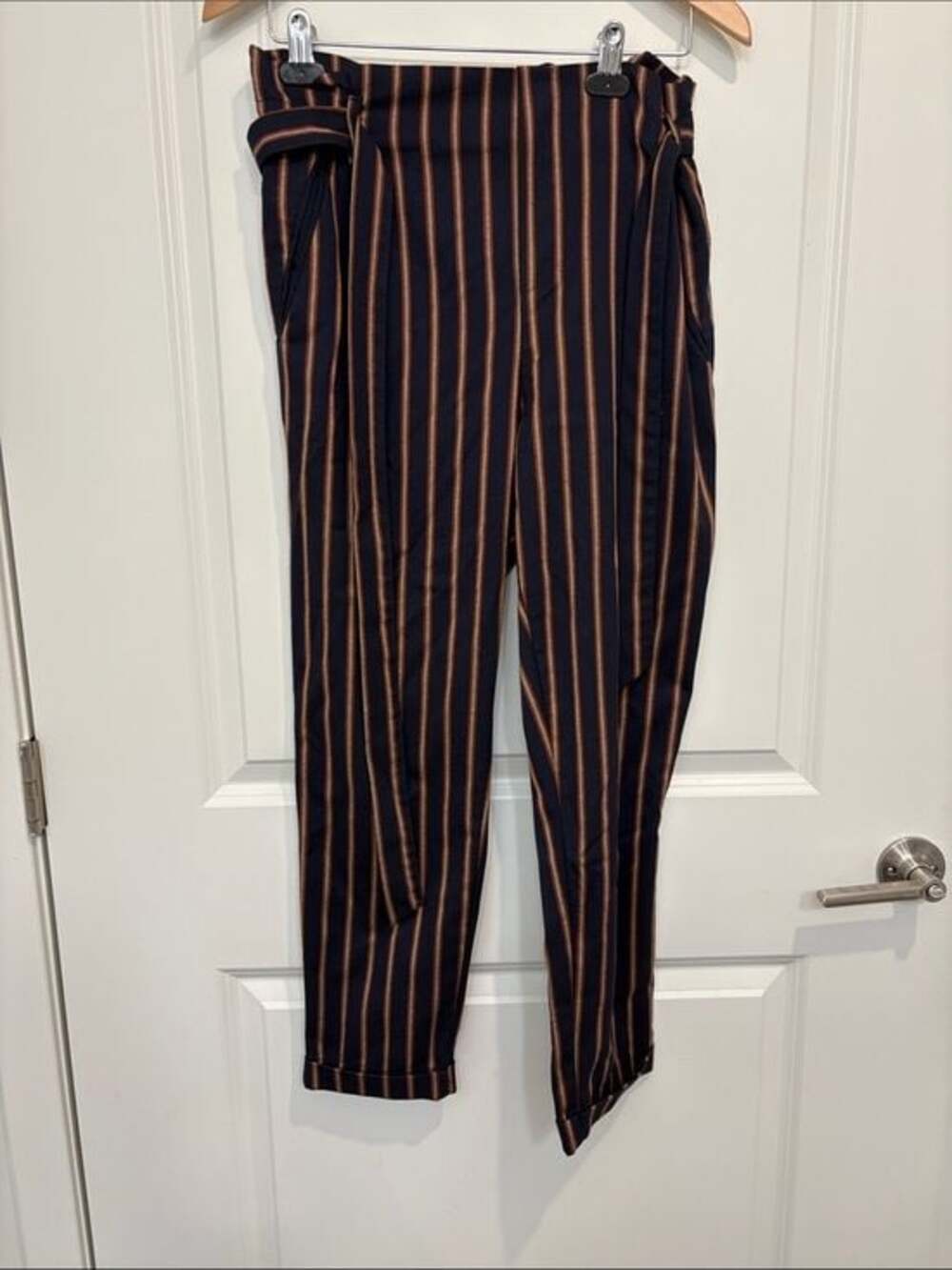 Zara Navy Paperbag Trousers with Rust & Cream Vertical Stripes Large